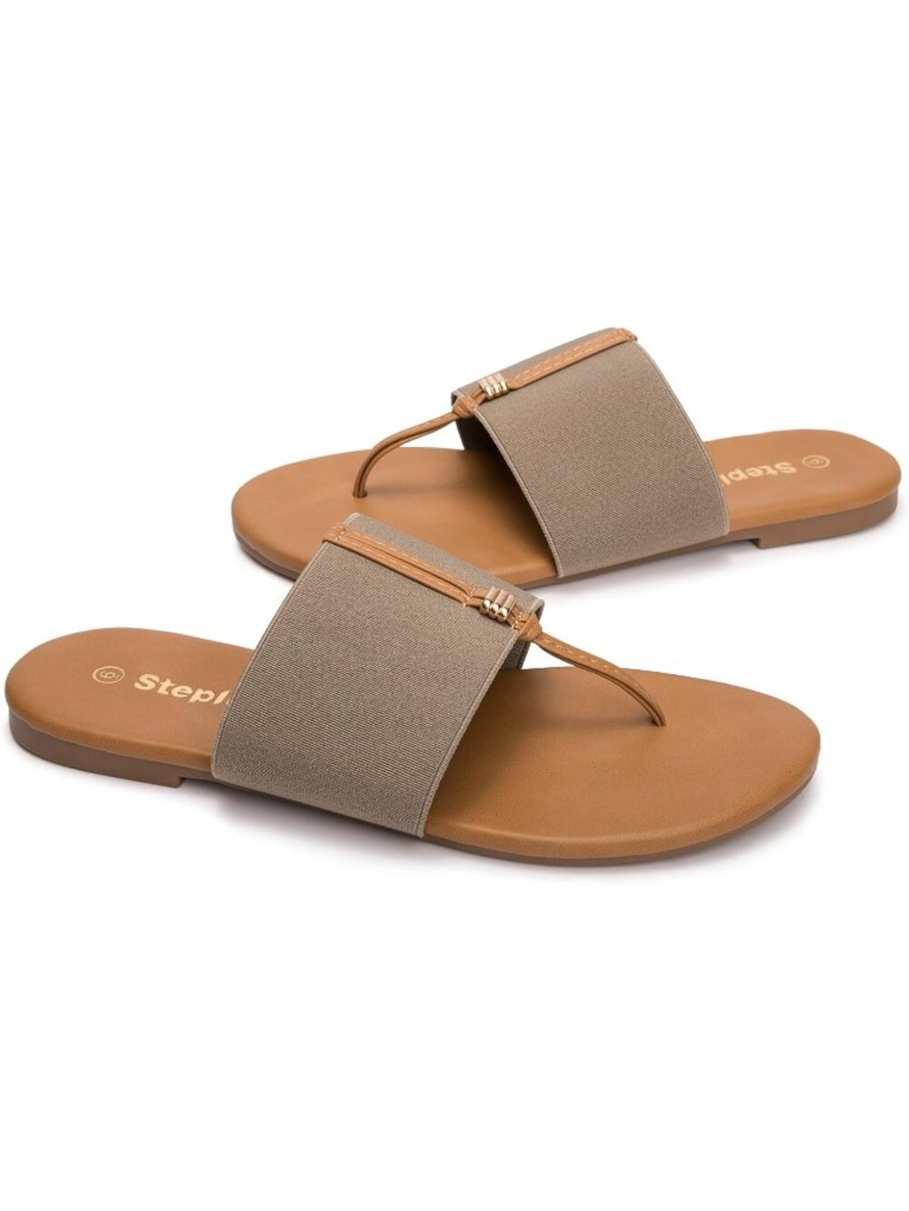 Women's Brown Summer Comfortable Elastic T-Strap Stretchy Slide Flats Sandals - Picture 4 of 5